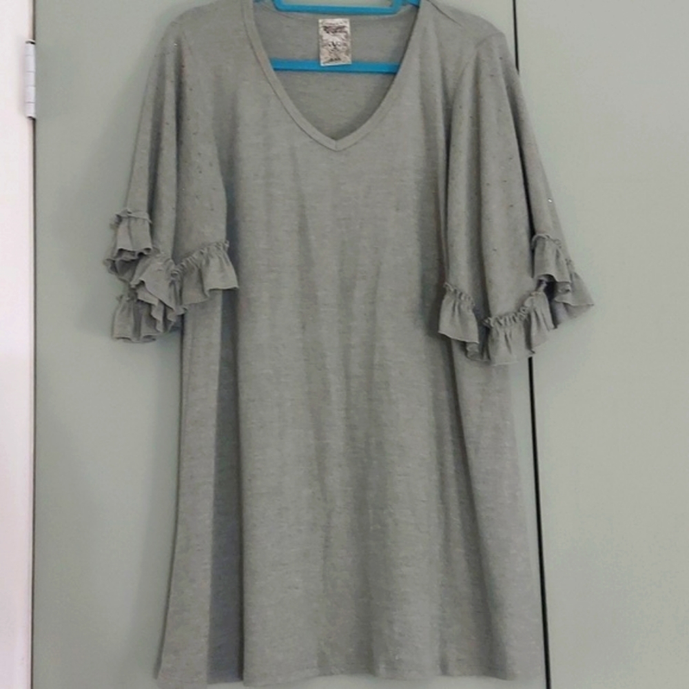 Vocal Black Studded V neck Ruffle Sleeved Tunic Mini Dress grey Sz L